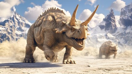 Fototapeta premium Prehistoric Dinosaurs Charging Across Dusty Plains