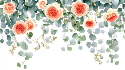 Elegant garland of flowering roses and eucalyptus nature scene floral arrangement bright white background high fidelity imagery beautiful petals