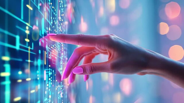 Female hand with pink nails checking on a screen with digital data 