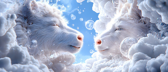 Two ethereal unicorns embracing in a dreamy cloudscape fantasy realm digital art surreal environment close-up view