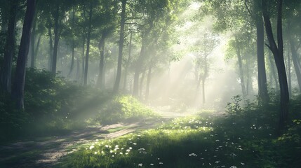 Naklejka premium Sunbeams in Misty Forest Path Green Trees Wildflowers