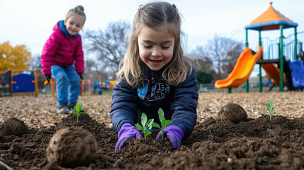 Children Engaging in Gardening Activities in a Schoolyard Playground Setting
