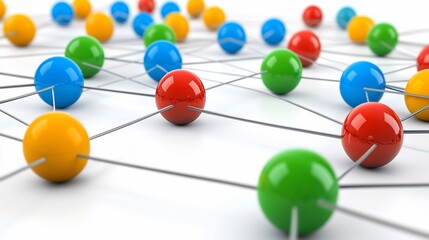 Colorful spheres connected by lines, illustrating network or connection.