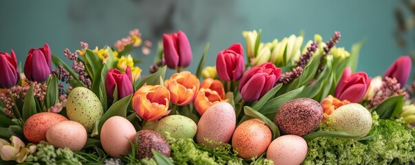 Colorful spring tulips and decorative eggs arranged for an Easter celebration