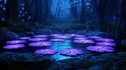 Serene Clearing in an Enchanted Forest with Floating Lilies at Night