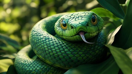 Fototapeta premium Green snake coiling amid lush jungle vegetation, forked tongue flicking, displaying vivid scales and predatory elegance