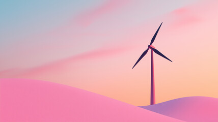 Fototapeta premium wind turbine stands tall against pastel sky, surrounded by soft pink hills, symbolizing clean energy and sustainability. serene landscape evokes sense of tranquility and hope for future