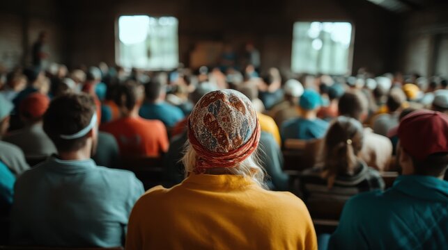 An audience captivated by the speaker in a cozy, rustic space, reflecting a sense of community and shared learning in an intimate gathering.