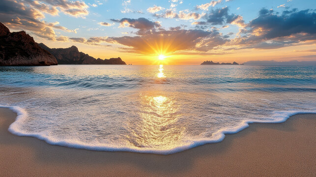 stunning sunset over tranquil beach with gentle waves and clouds