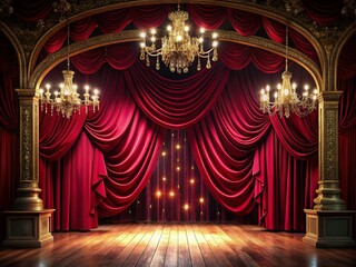 Luxurious Red Velvet Theater Curtains, Chandeliers, Empty Stage - Elegant Dramatic Background