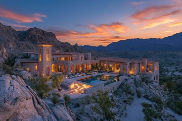 Fototapeta premium Desert oasis retreat arizona high-resolution image evening glow aerial view luxurious architecture surrounded by nature