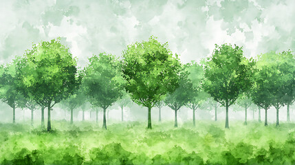 Watercolor painting of a misty green forest.