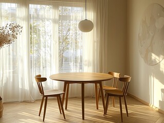 Fototapeta premium A modern minimalist interior design in a dining room with a wooden dining table and chairs. Generative AI 