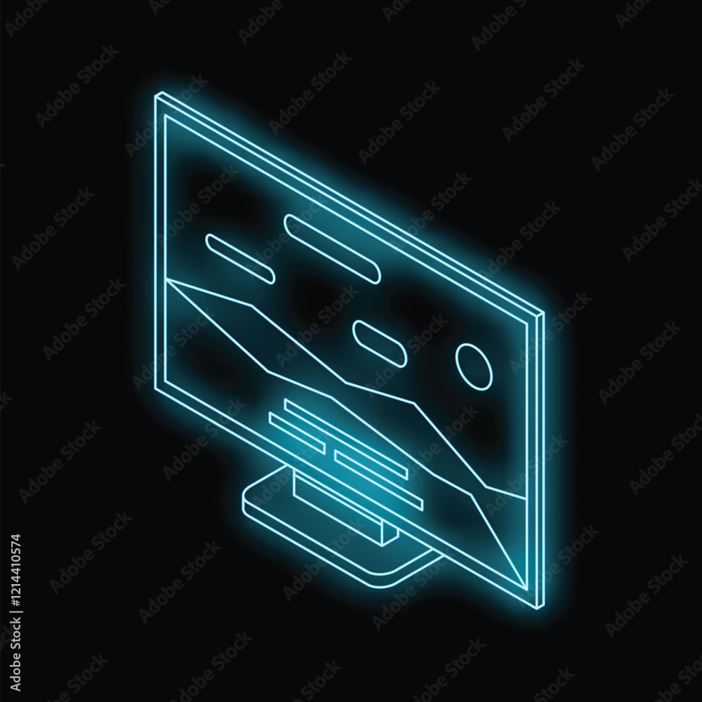 Poster glowing neon computer monitor displaying an infographic with charts and data, perfect for technology