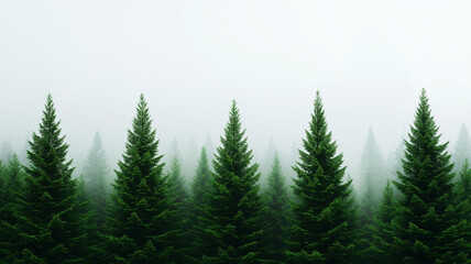Fototapeta premium Misty morning in dense evergreen forest, showcasing tall trees shrouded in fog. serene atmosphere evokes sense of tranquility and connection to nature