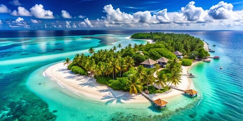 Obraz premium Luxurious Tropical Island Villas: Aerial View of Turquoise Waters and Private Residences