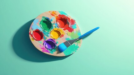 Colorful paint palette and brush on teal background