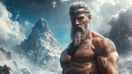 A powerful ancient god on a mountain, showcasing strength and mythology. Perfect for fantasy storytelling, creative design projects, and historical myth-based themes.