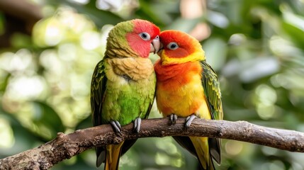 Obraz premium Pair of lovebirds sitting closely together on a branch, nuzzling.