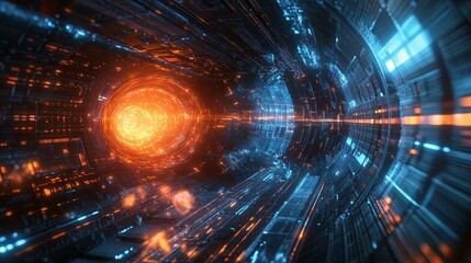 Abstract energy tunnel with glowing orange core and blue light streaks. Generative AI