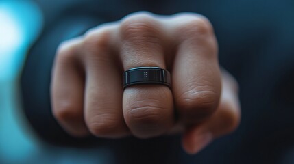 Smart ring resting on the index finger, symbolizing innovation and modern wearable technology in a simple, clean environment.