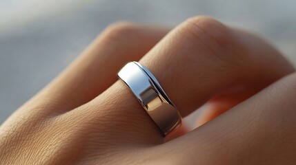 Smart ring resting on the index finger, symbolizing innovation and modern wearable technology in a simple, clean environment.