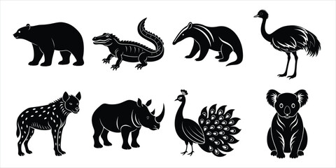 Obraz premium Wild animals silhouette set. Wildlife animals vector illustration