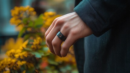 Smart ring resting on the index finger, symbolizing innovation and modern wearable technology in a simple, clean environment.