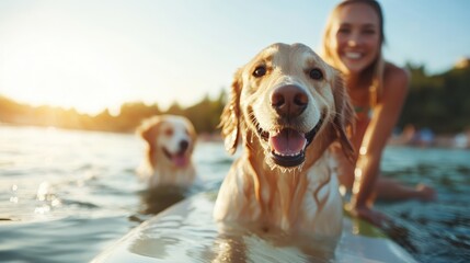 Two joyful golden retrievers splashing in the water, exuding happiness as they enjoy a sunny day at the lake with their owner reflected in the background.
