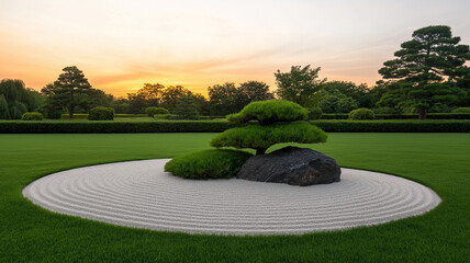 Serene Japanese rock garden at sunset with lush greenery and tranquil atmosphere. carefully arranged stones and raked sand create peaceful scene