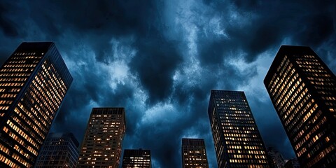 A dramatic night scene featuring tall skyscrapers illuminated against a moody, cloudy sky, creating an urban atmosphere filled with intrigue.