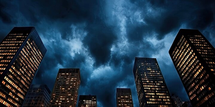 A dramatic night scene featuring tall skyscrapers illuminated against a moody, cloudy sky, creating an urban atmosphere filled with intrigue.