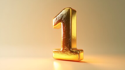 Golden number one standing on reflective surface representing success, achievement, leadership, and being the best