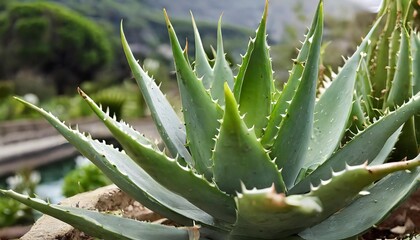 Fototapeta premium Close-Up of a Vibrant Aloe Plant Showcasing Its Thick, Spiky Green Leaves and Natural Healing Properties