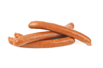 Long thin smoked sausages, isolated on white background