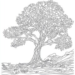 Intricate Line Drawing Of A Tree In A Landscape