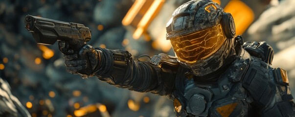 Armored soldier targeting with pistol amid burning urban landscape, destruction surrounding military personnel