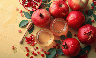 Rosh Hashanah Jewish New Year holiday concept Traditional symbols Honey jar apples pomegranate