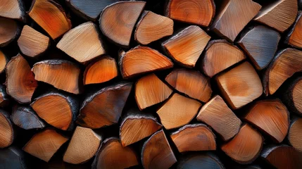 Selbstklebende Fototapeten A beautifully arranged stack of firewood showcasing the rich textures and various tones of wood, perfect for conveying warmth and rustic charm in any setting. © senadlife