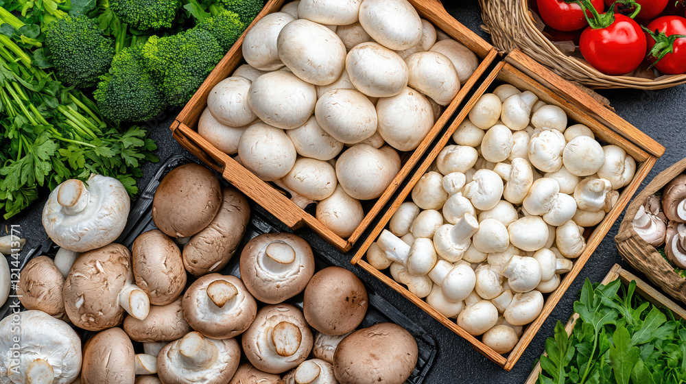 Wall mural Fresh mushrooms, broccoli, and tomatoes at vibrant farmers market display