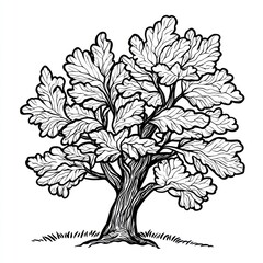 A stylized black and white oak tree illustration