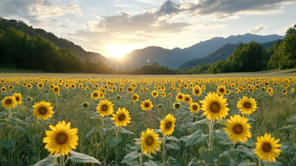 Obraz premium field of sunflowers glowing in warm sunlight with mountains behind