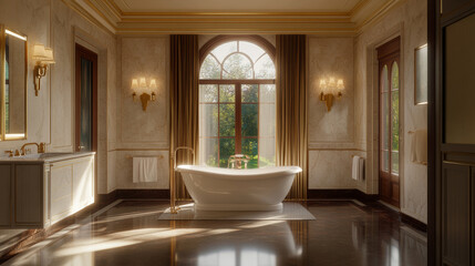 Elegant bathroom with marble walls, large windows, and freestanding tub. warm lighting creates serene atmosphere, perfect for relaxation and comfort