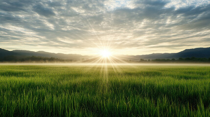 Obraz premium foggy landscape with soft sunrise illuminating green fields