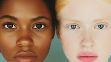 Fototapeta premium Two Faces, Different Cultures, Connected through Intense Gazes, Minimalistic Background