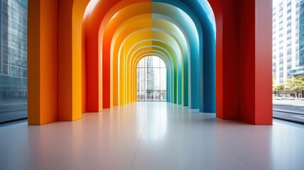 This architectural masterpiece is characterized by a stunning array of rainbow-hued arches that create an engaging and lively atmosphere in an urban environment.