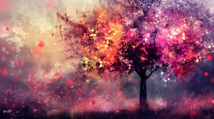 Magical Autumn Tree  Watercolor Painting  Fantasy Landscape