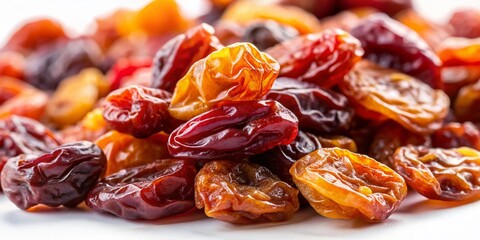 Macro Close-up of Wrinkled Brown Raisins Isolated on White Background - High-Resolution Stock Photo