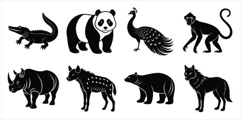 Wild animals silhouette set. Wildlife animals vector illustration
