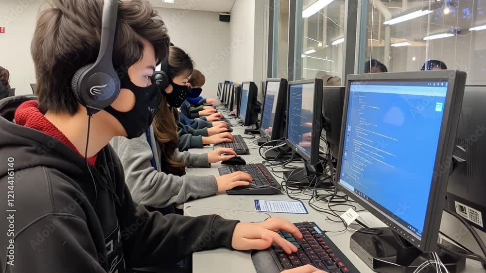Fototapete This Young learners focus on coding tasks while wearing masks and using computers in a lab.
